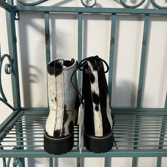 New Genuine Cowhide & Leather Bootie Fur combat ankle boot black white size 8 - Picture 6 of 13